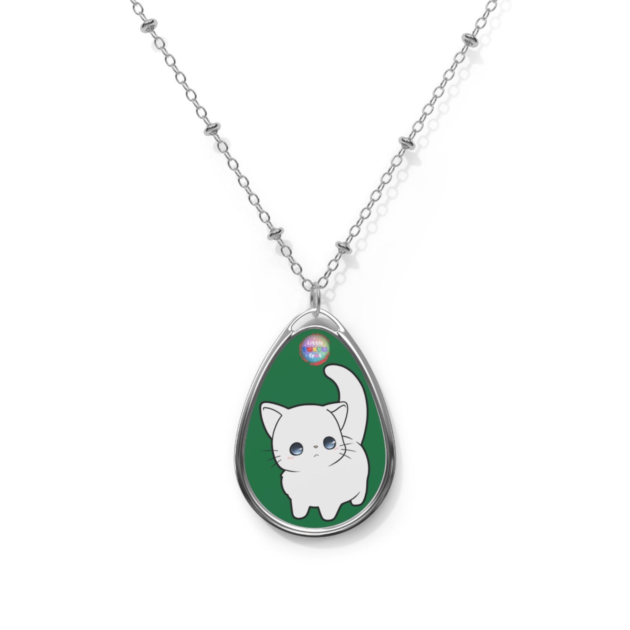 Cute Cat Oval Necklace, Pet Lover Jewelry, Animal Pendant, Gift for Cat Owners, Kawaii Cat Necklace, Silver Necklace with Charm