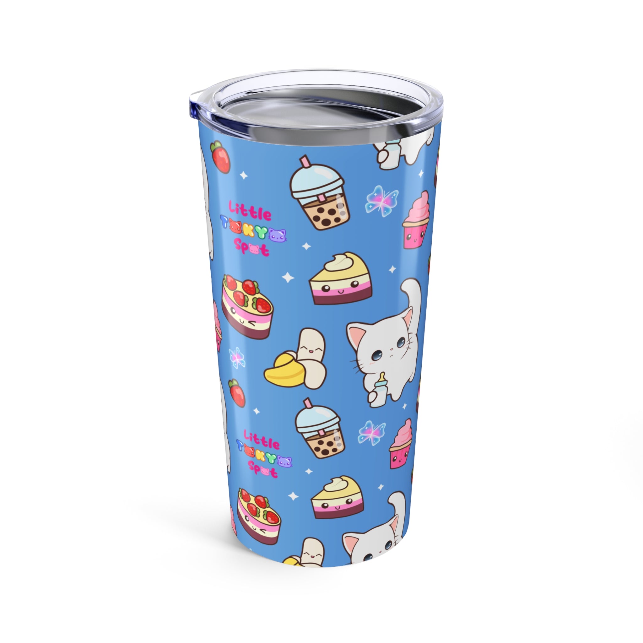 Cute Cat & Dessert Tumbler, 20oz Travel Mug, Adorable Pet Lover Gift, Kids Birthday Party Cup, Cheerful Drinkware