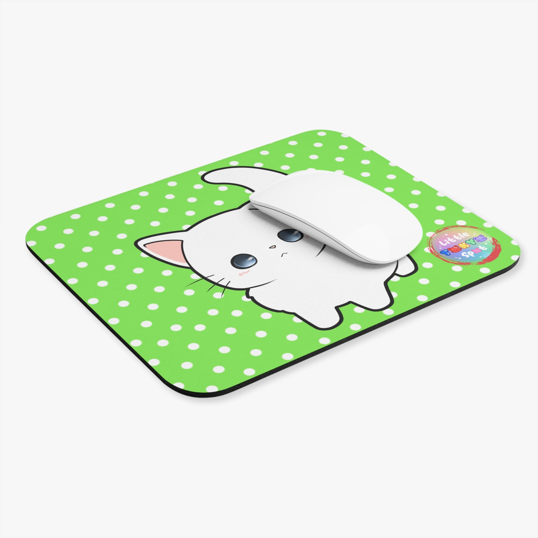 Cute Cat Mouse Pad - Kawaii Desk Accessory for Cat Lovers, Office Decor, Gift for Animal Lovers, Green Polka Dot Design