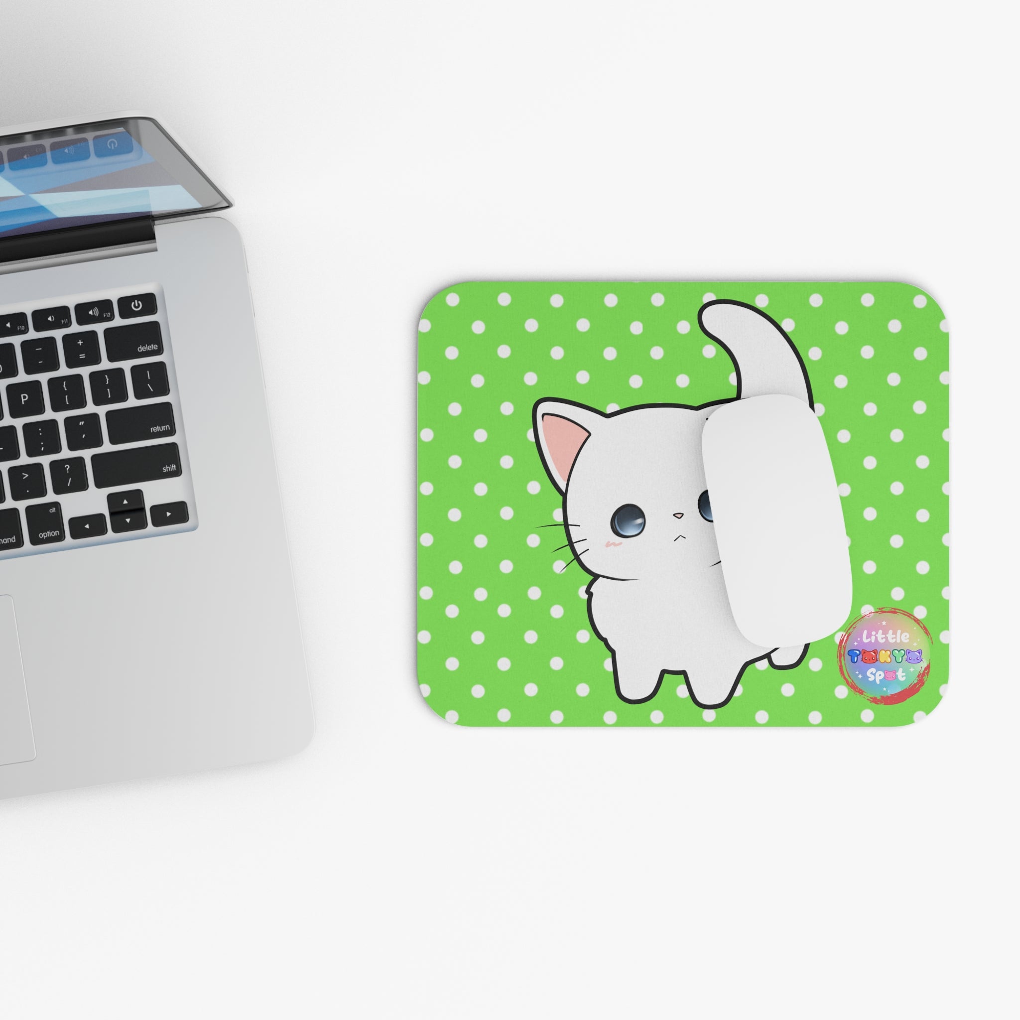 Cute Cat Mouse Pad - Kawaii Desk Accessory for Cat Lovers, Office Decor, Gift for Animal Lovers, Green Polka Dot Design