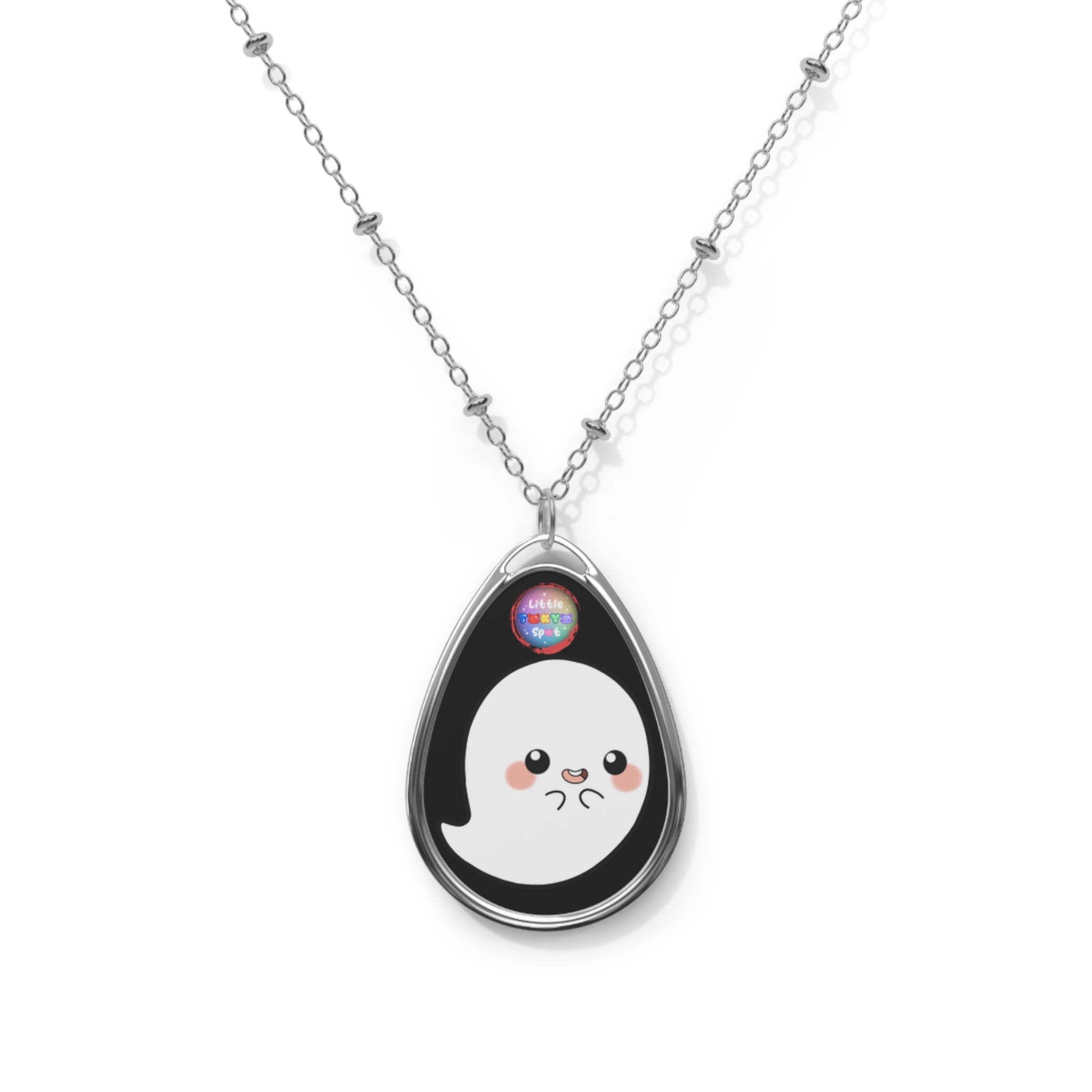 Cute Ghost Oval Necklace, Kawaii Jewelry, Whimsical Gift, Halloween Accessory, Teen Choker, Everyday Wear