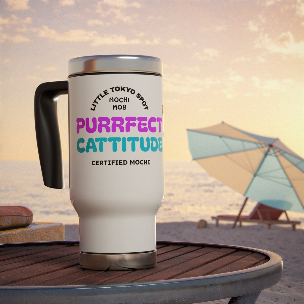 Purrfect Cattitude Travel Mug, Funny Cat Mug, Coffee Tumbler with Handle, Cute Pet Lover Gift, Warm Drink Container