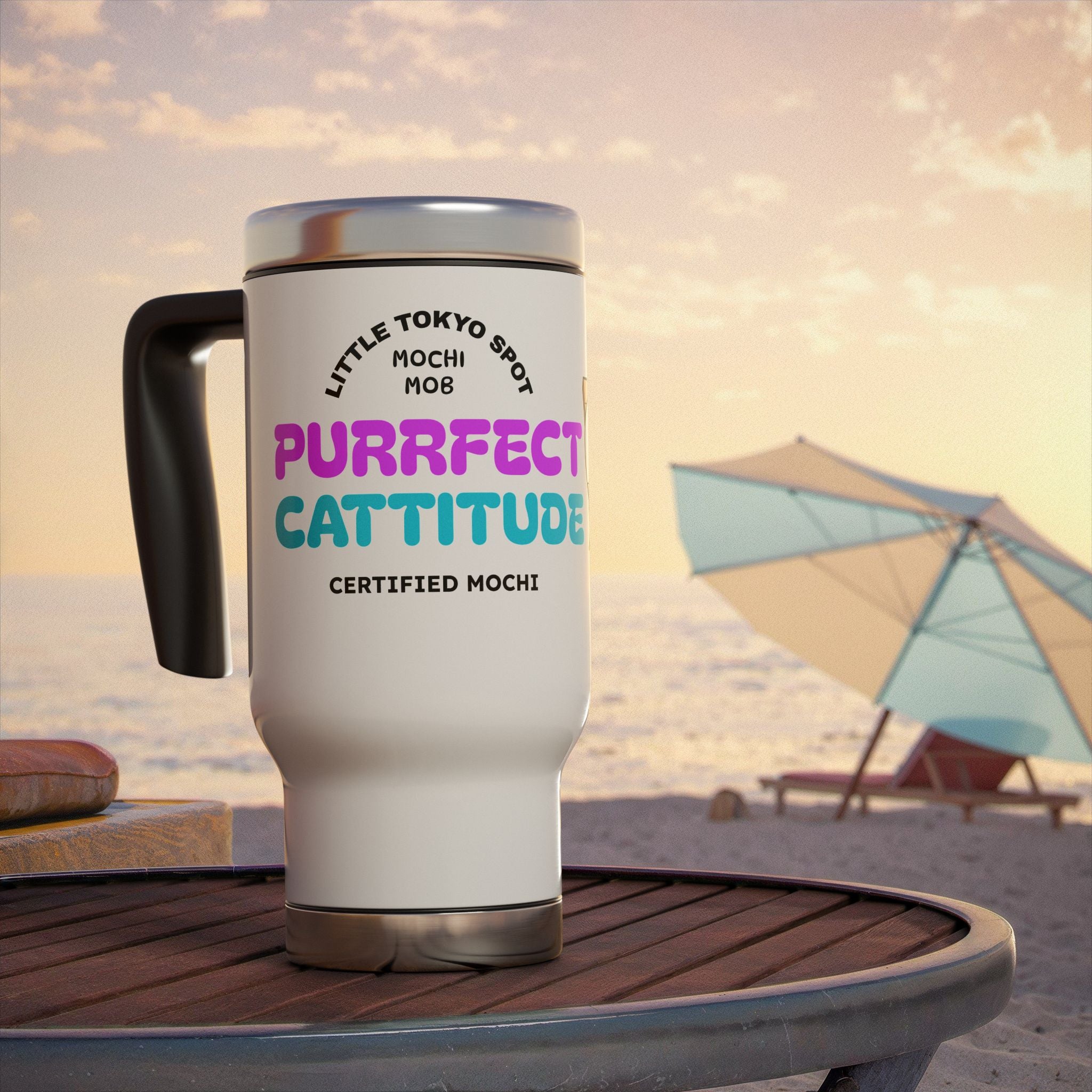 Purrfect Cattitude Travel Mug, Funny Cat Mug, Coffee Tumbler with Handle, Cute Pet Lover Gift, Warm Drink Container