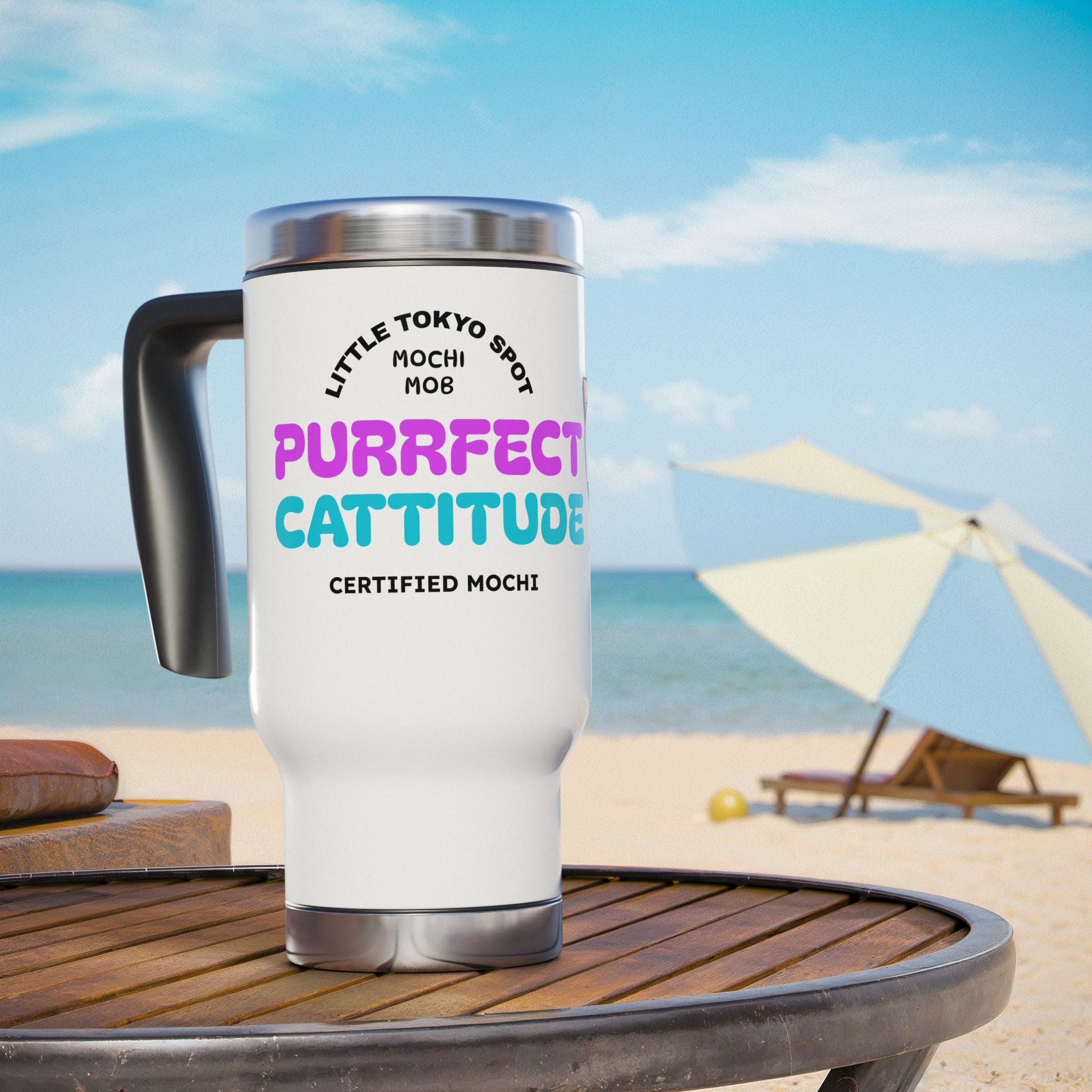 Purrfect Cattitude Travel Mug, Funny Cat Mug, Coffee Tumbler with Handle, Cute Pet Lover Gift, Warm Drink Container