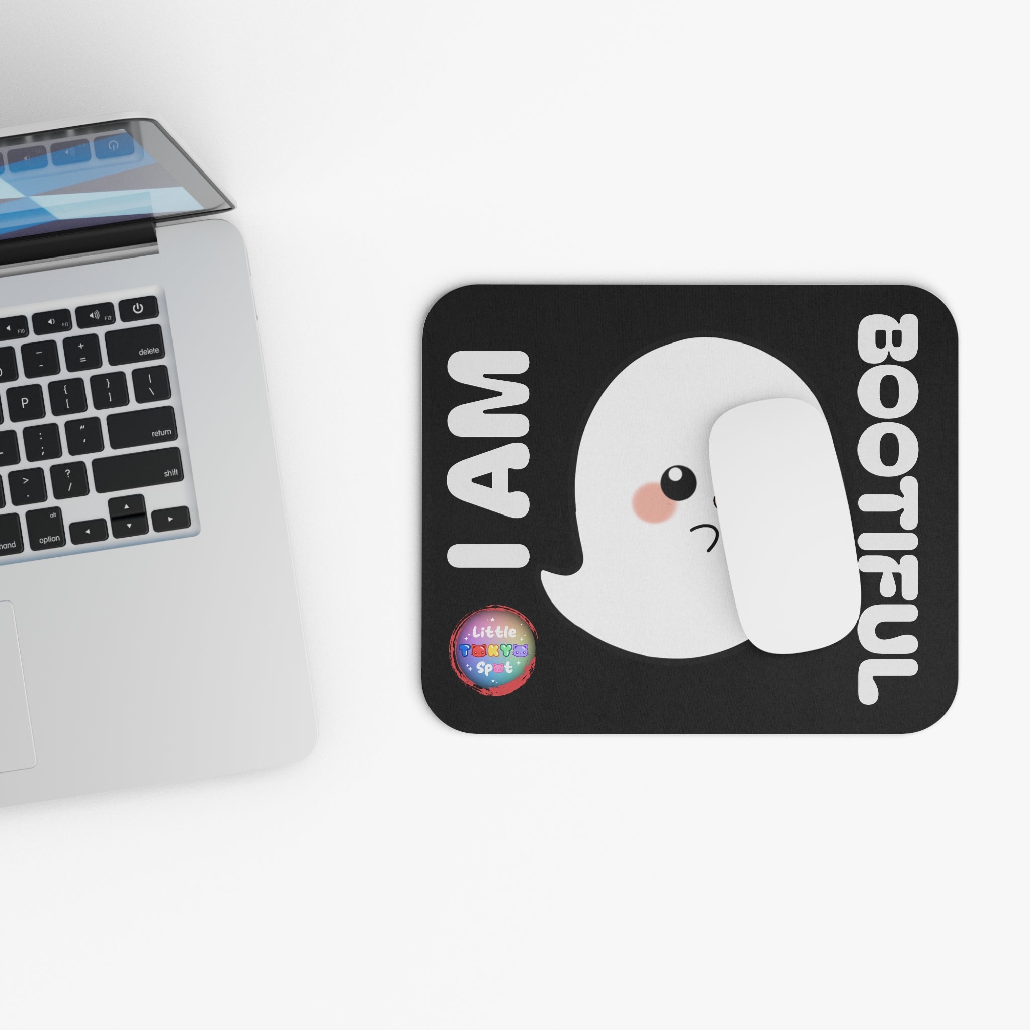 Ghost Themed Mouse Pad with 'I AM BOOTIFUL' Text | Fun Office Decor, Gamer Gift, Halloween Accessory, Cute Desk Decor