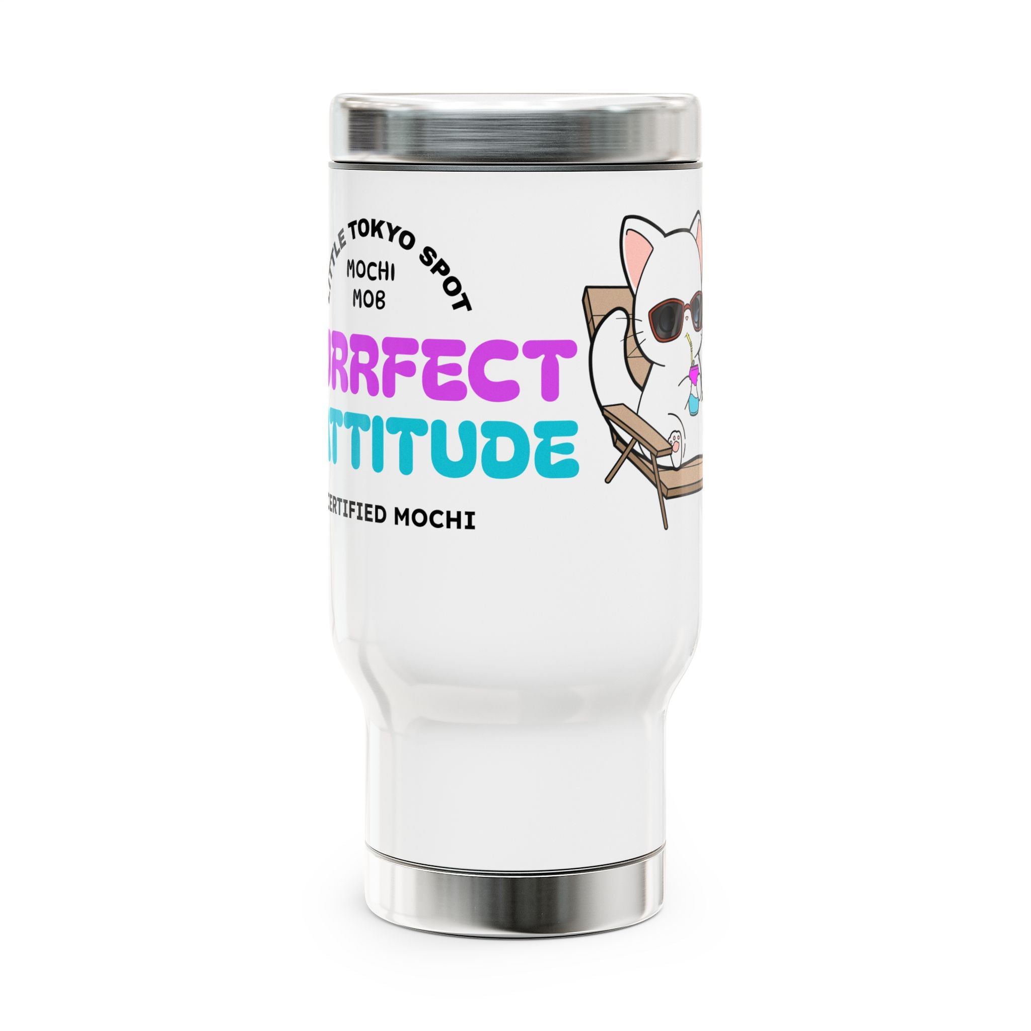 Purrfect Cattitude Travel Mug, Funny Cat Mug, Coffee Tumbler with Handle, Cute Pet Lover Gift, Warm Drink Container