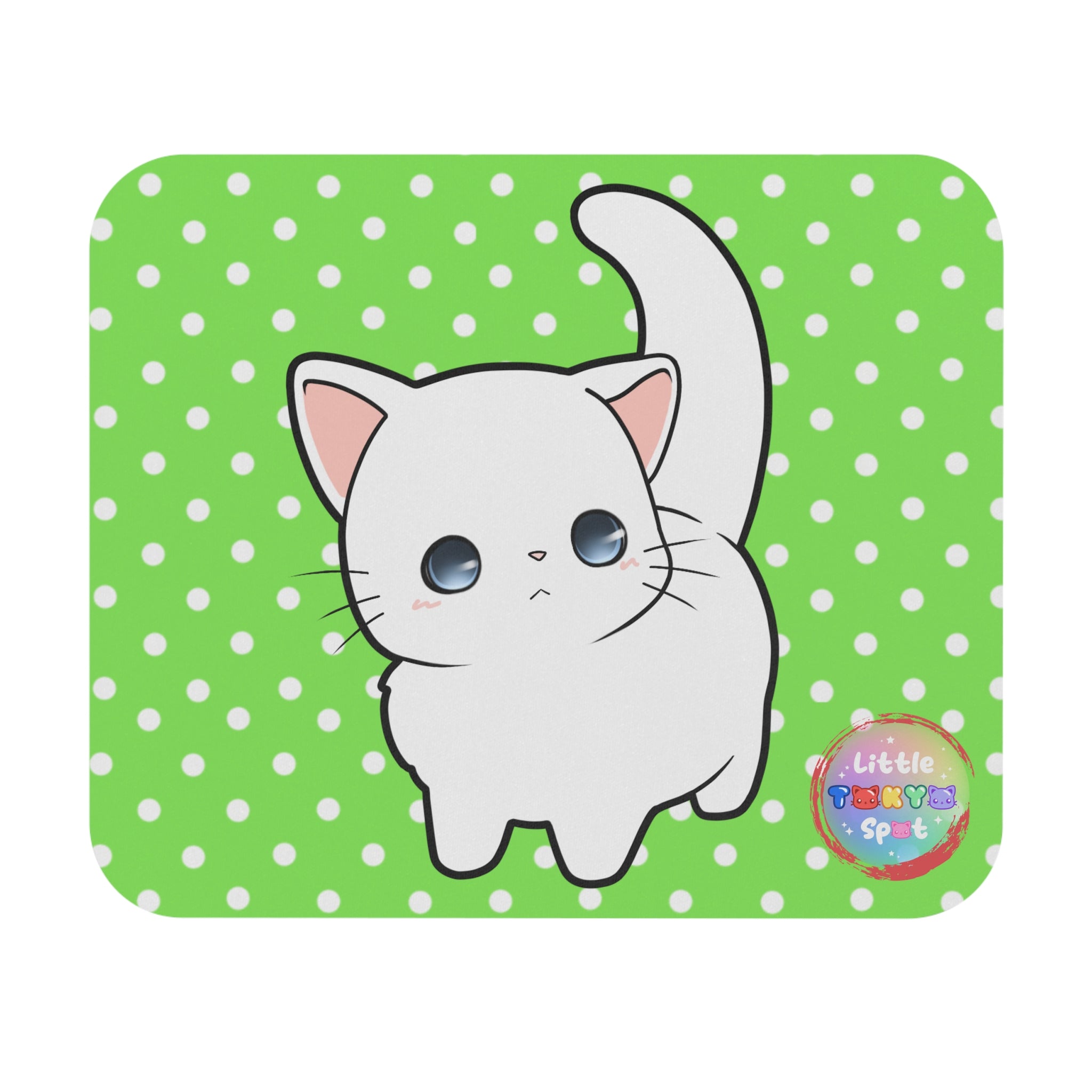 Cute Cat Mouse Pad - Kawaii Desk Accessory for Cat Lovers, Office Decor, Gift for Animal Lovers, Green Polka Dot Design