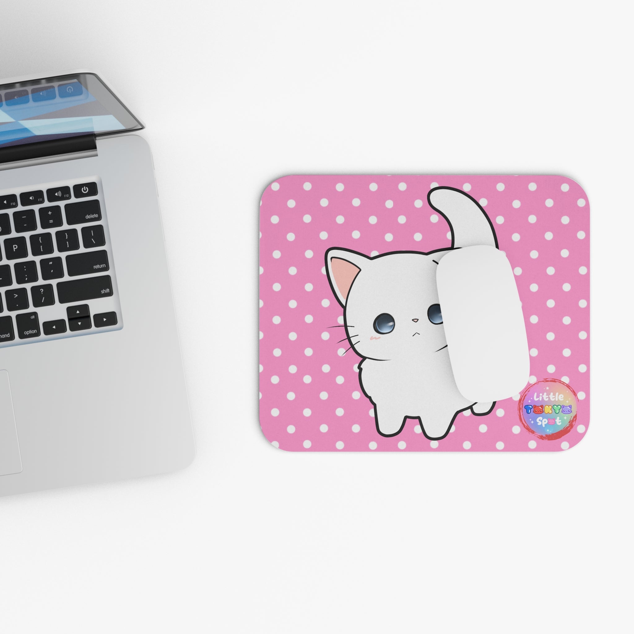 Cute Cat Mouse Pad with Pink Polka Dots, Cat Lover Desk Accessory, Kawaii Office Decor, Personalized Gift, Home Office Essentials