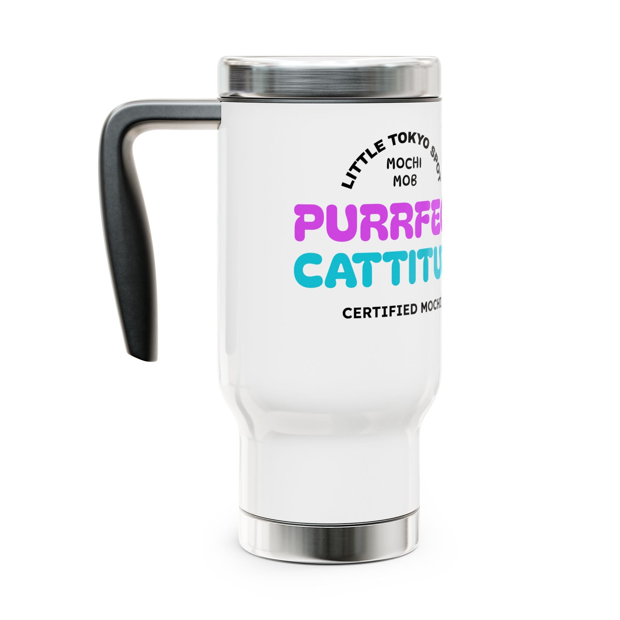 Purrfect Cattitude Travel Mug, Funny Cat Mug, Coffee Tumbler with Handle, Cute Pet Lover Gift, Warm Drink Container