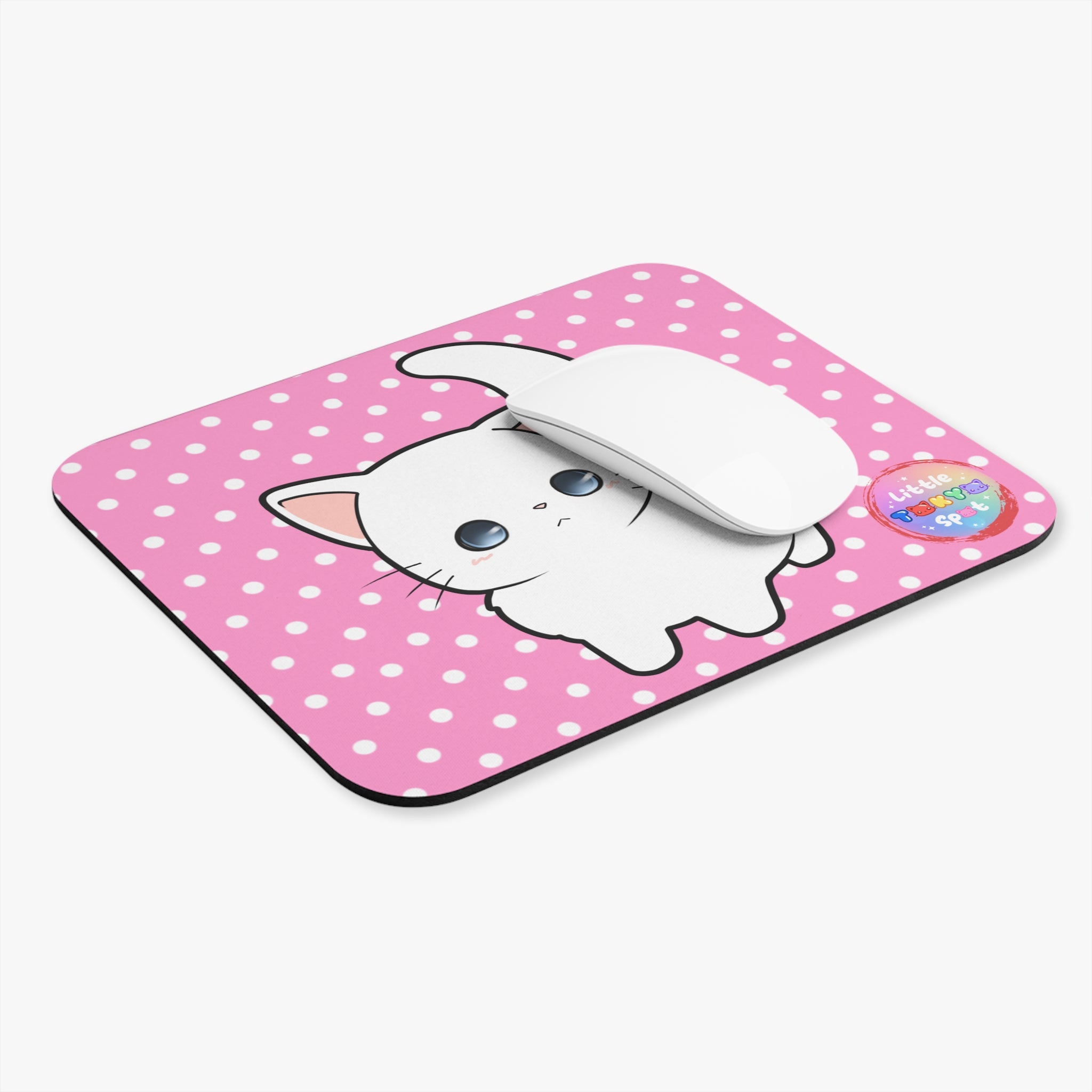 Cute Cat Mouse Pad with Pink Polka Dots, Cat Lover Desk Accessory, Kawaii Office Decor, Personalized Gift, Home Office Essentials