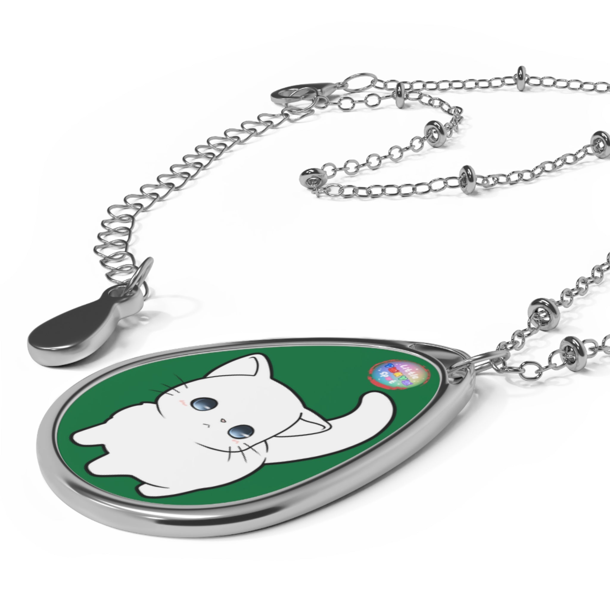Cute Cat Oval Necklace, Pet Lover Jewelry, Animal Pendant, Gift for Cat Owners, Kawaii Cat Necklace, Silver Necklace with Charm