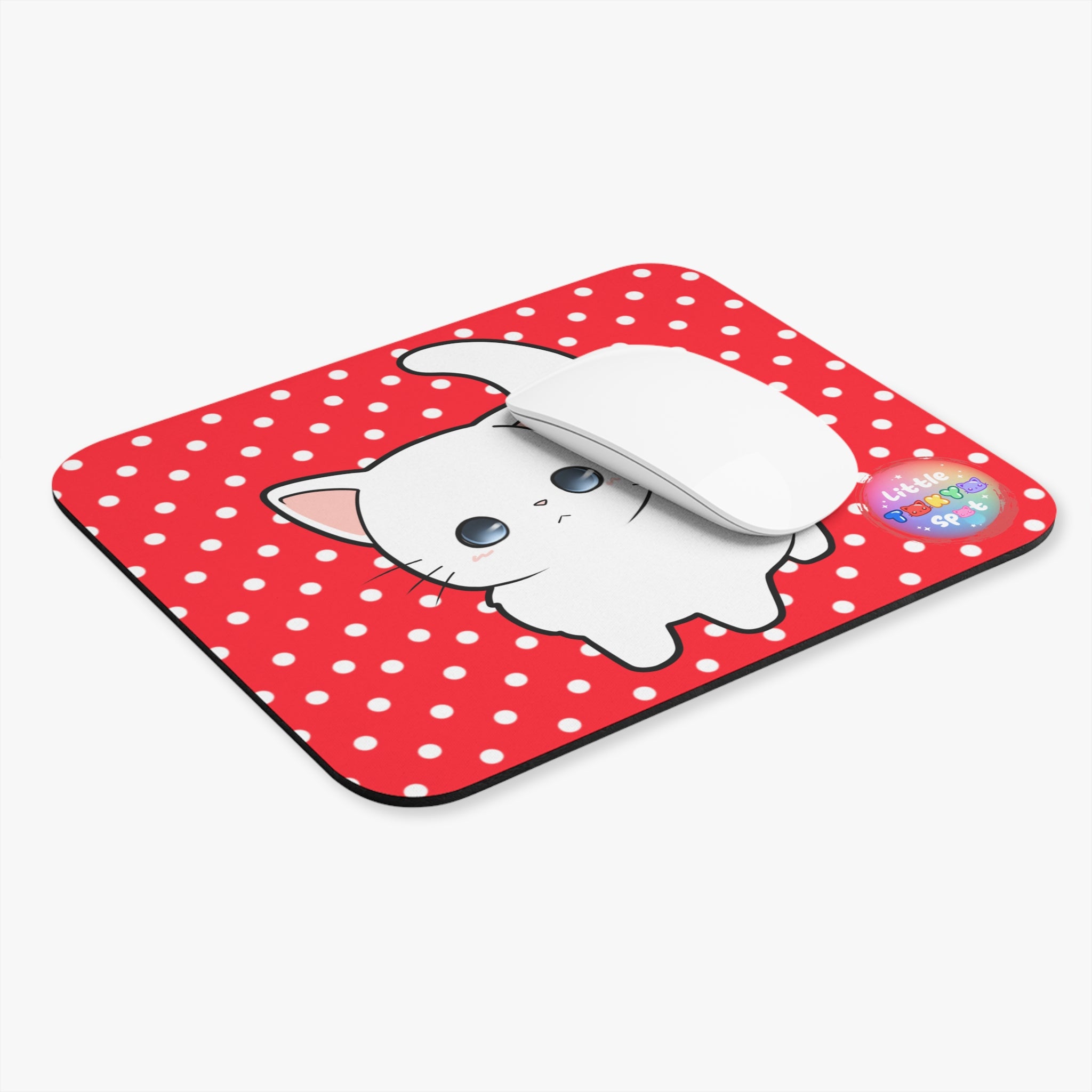 Cute Cat Mouse Pad - Red Polka Dots Design, Desk Accessories, Pet Lover Gift, Cute Office Decor, Cat-Themed Gift