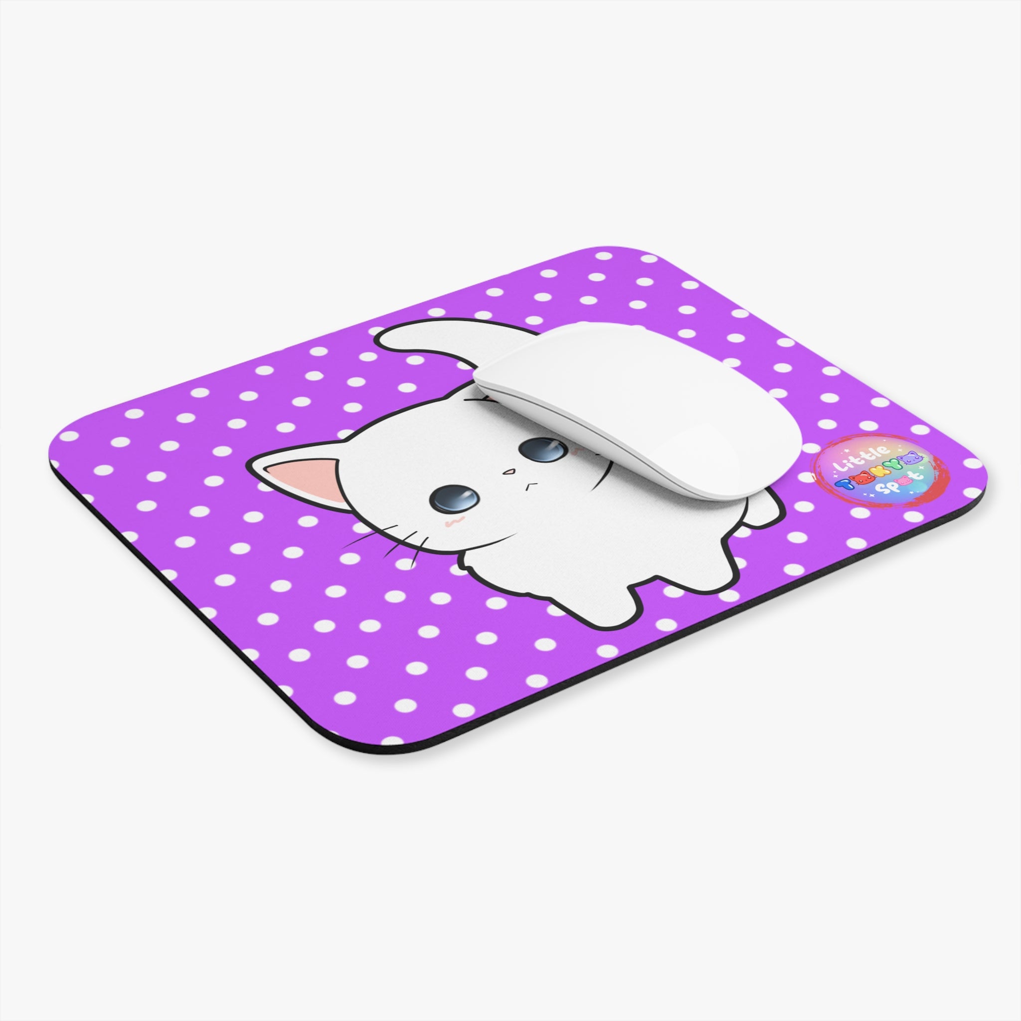 Cute Cat Mouse Pad - Adorable Desk Accessory for Cat Lovers, Purple Polka Dot Design, Gamer Gift, Home Office Decor