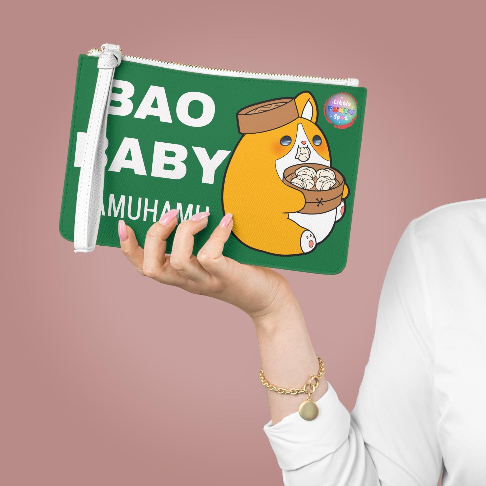 Green Cute Dog Foodie Clutch Bag, Bao Baby Bag, Boba Baby Pouch, Kawaii Accessory,  Purse, Pencil Case, Fun Gifts for Food Lovers