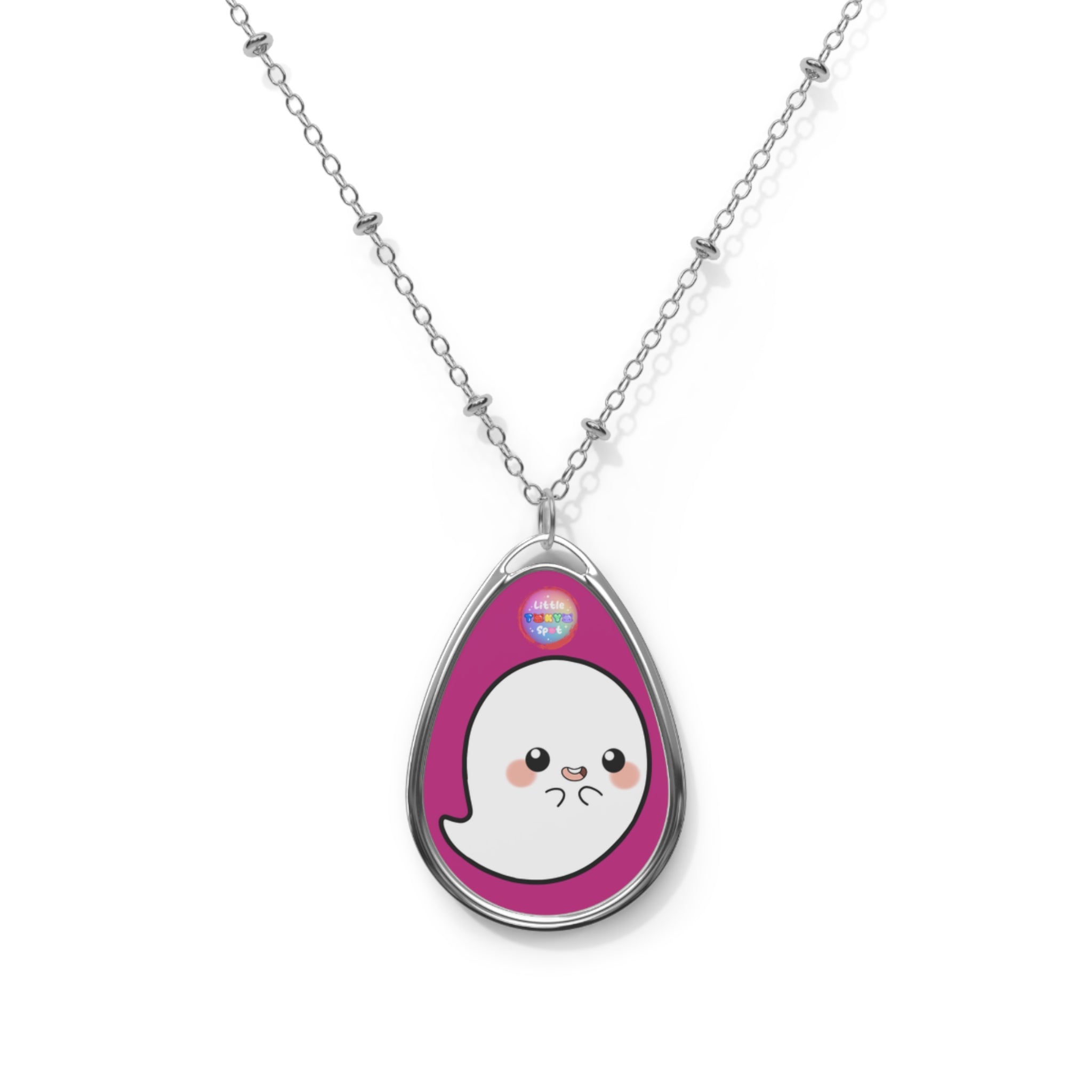 Cute Ghost Oval Necklace, Kawaii Jewelry, Unique Gift for Her, Halloween Accessories, Fun Everyday Wear