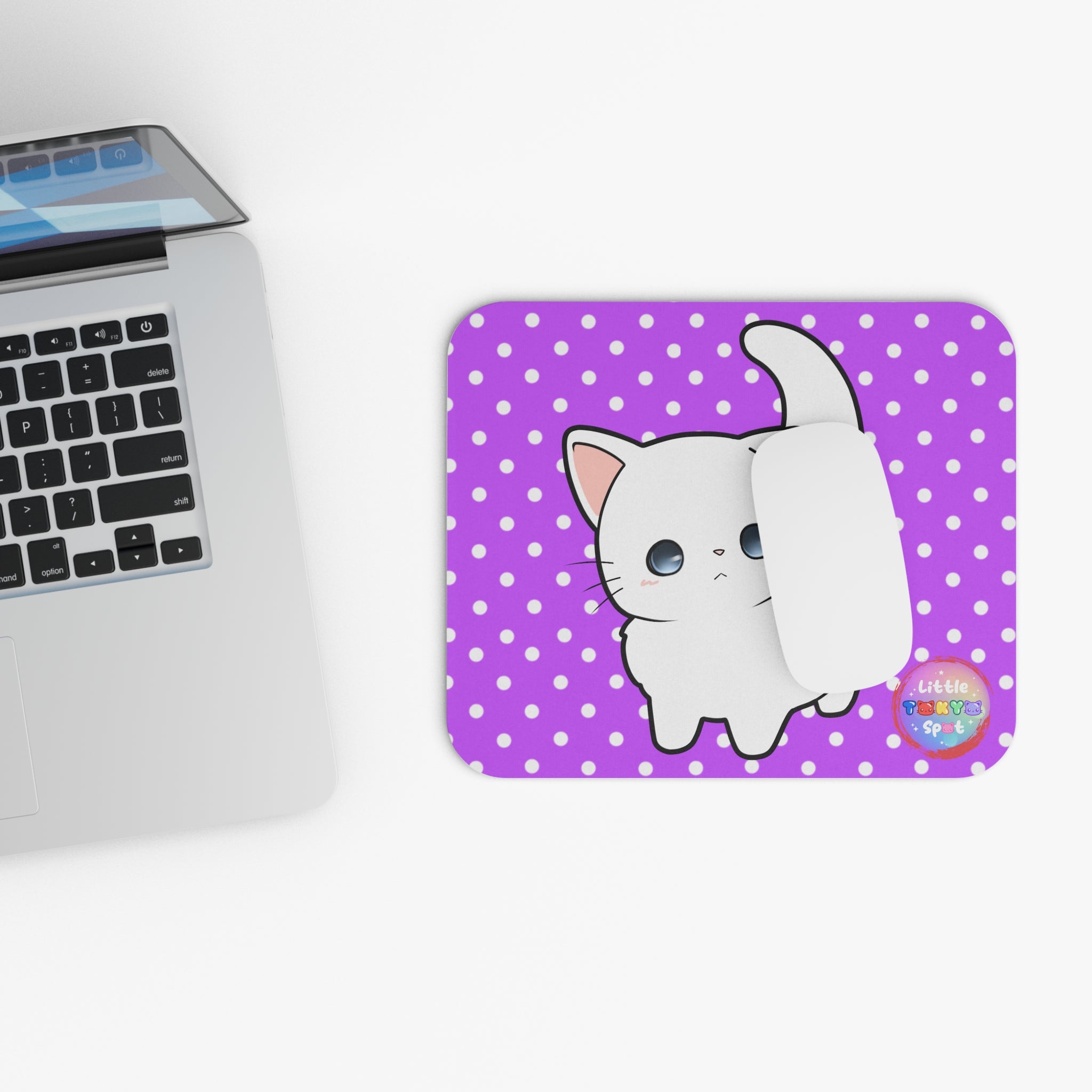 Cute Cat Mouse Pad - Adorable Desk Accessory for Cat Lovers, Purple Polka Dot Design, Gamer Gift, Home Office Decor