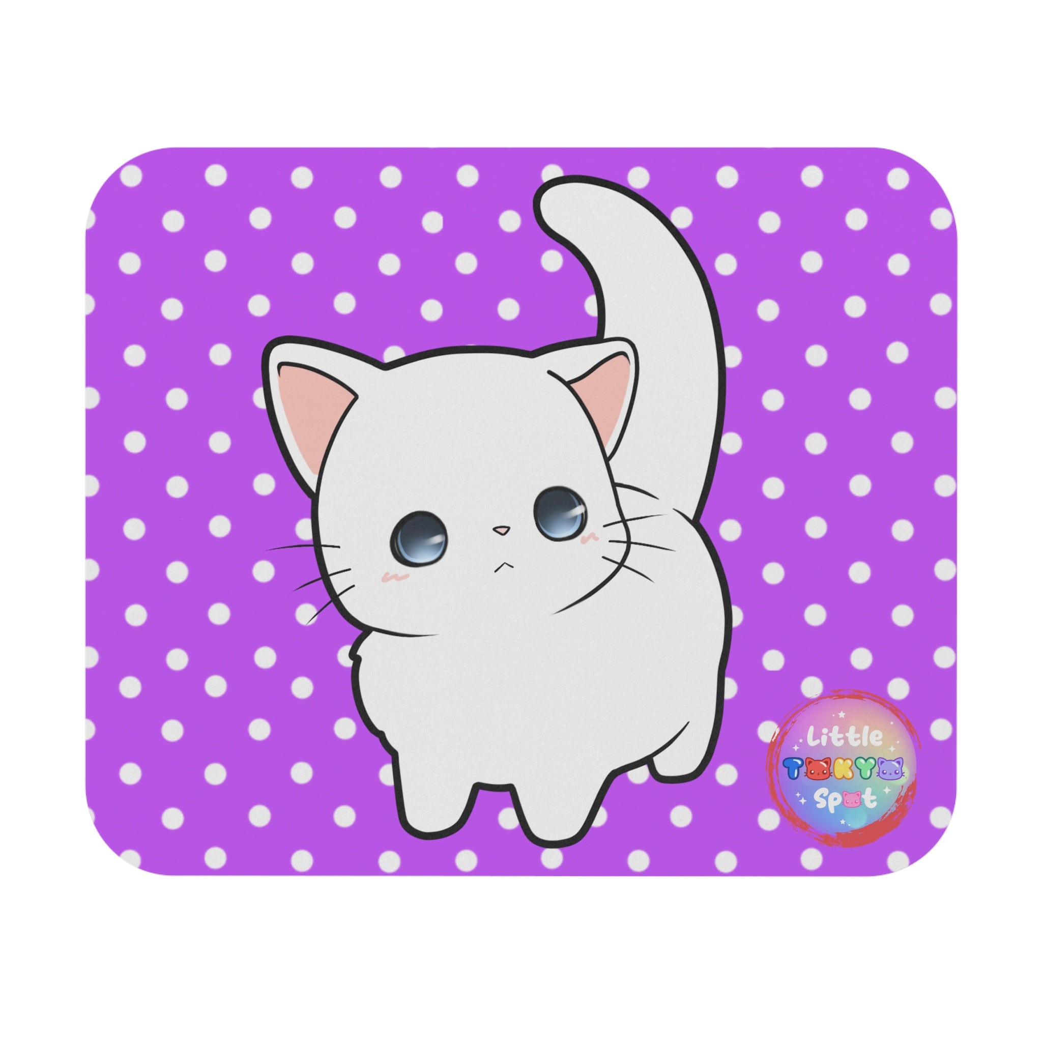 Cute Cat Mouse Pad - Adorable Desk Accessory for Cat Lovers, Purple Polka Dot Design, Gamer Gift, Home Office Decor