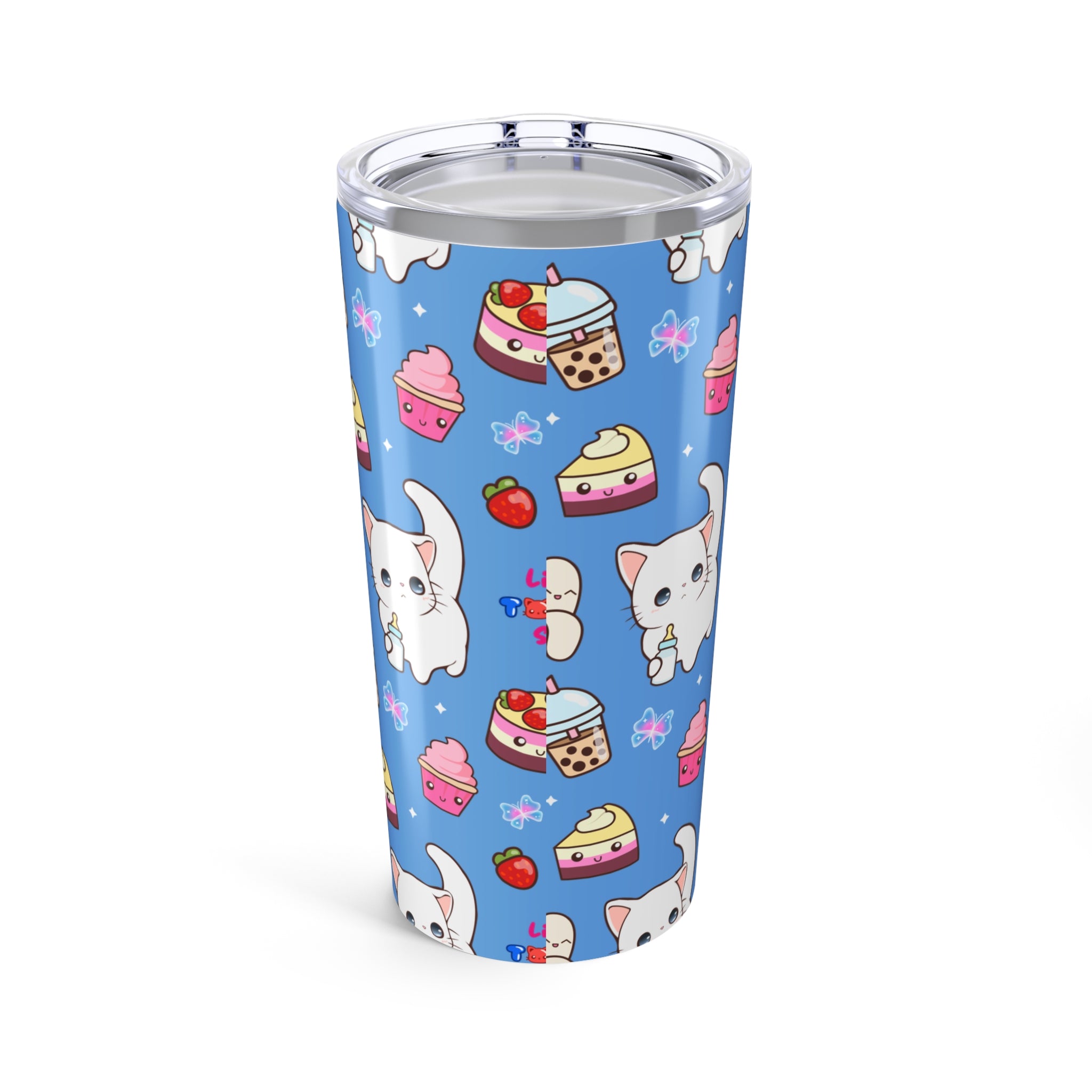 Cute Cat & Dessert Tumbler, 20oz Travel Mug, Adorable Pet Lover Gift, Kids Birthday Party Cup, Cheerful Drinkware