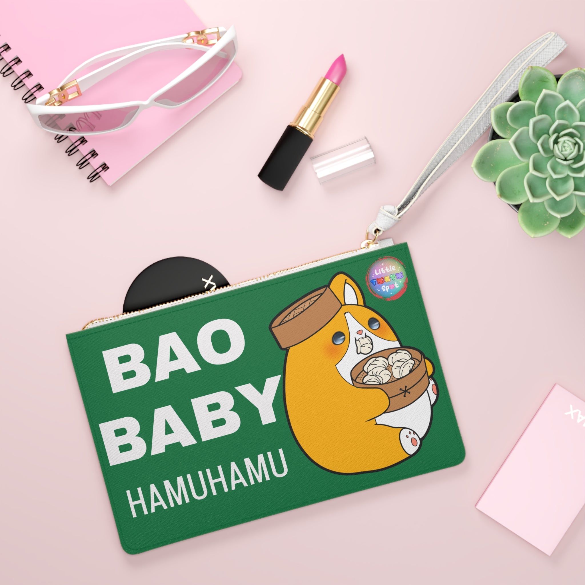Green Cute Dog Foodie Clutch Bag, Bao Baby Bag, Boba Baby Pouch, Kawaii Accessory,  Purse, Pencil Case, Fun Gifts for Food Lovers
