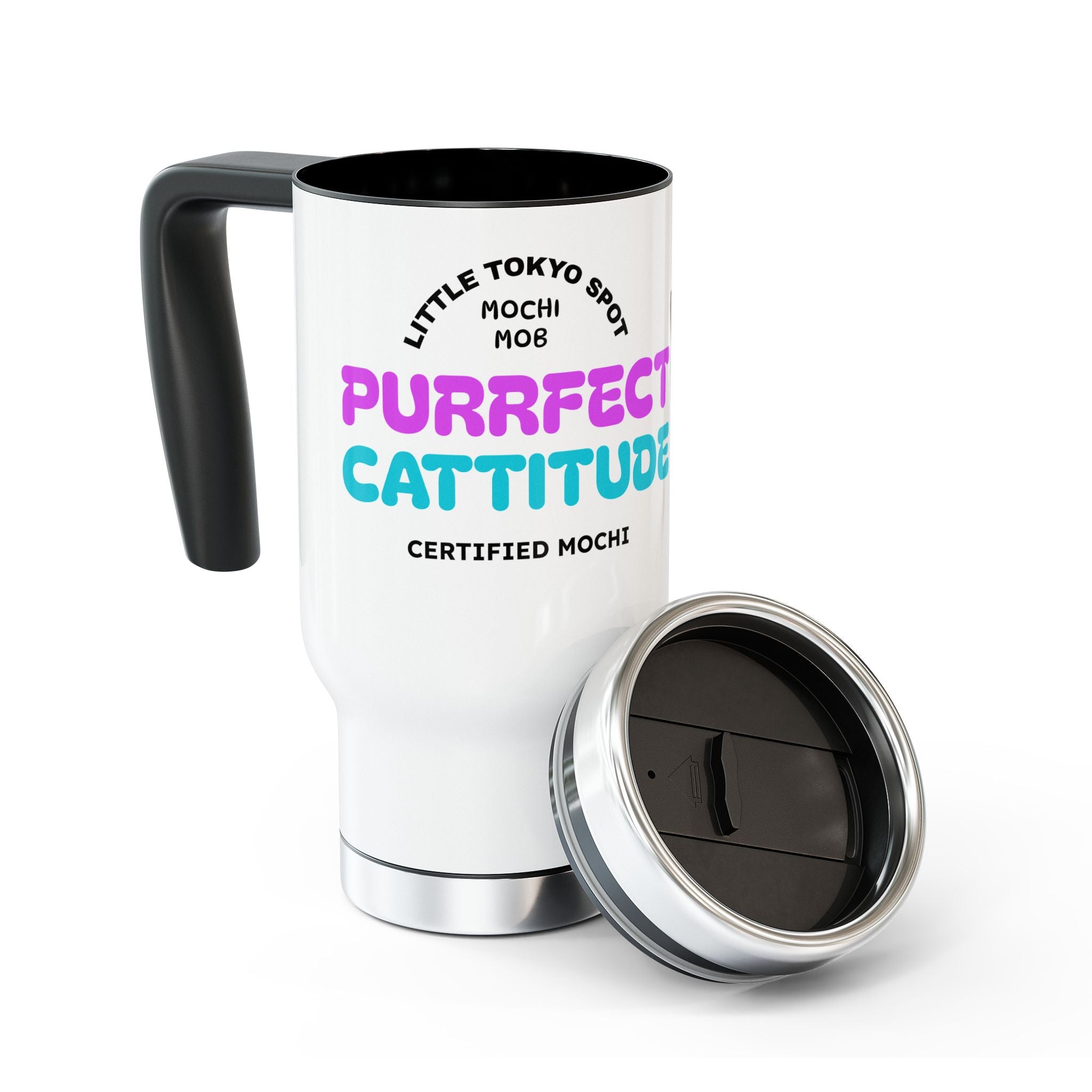 Purrfect Cattitude Travel Mug, Funny Cat Mug, Coffee Tumbler with Handle, Cute Pet Lover Gift, Warm Drink Container